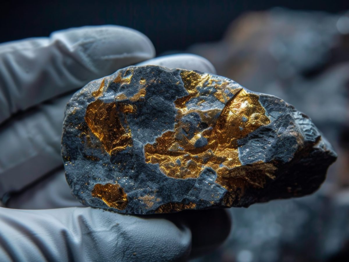 Geologie-Wissenschaftler hält Goldstück in der Hand.