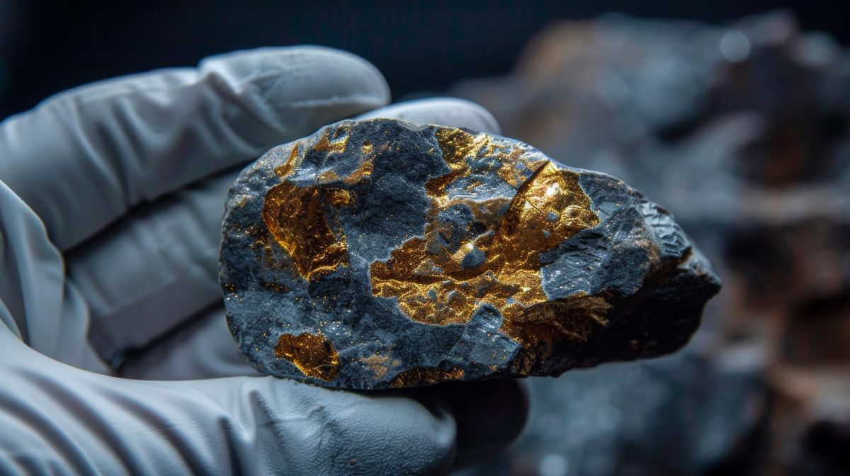 Geologie-Wissenschaftler hält Goldstück in der Hand.