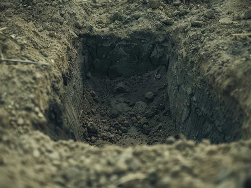 KI-generiertes Bild eines ausgehobenen leeren Grabes in der Erde.