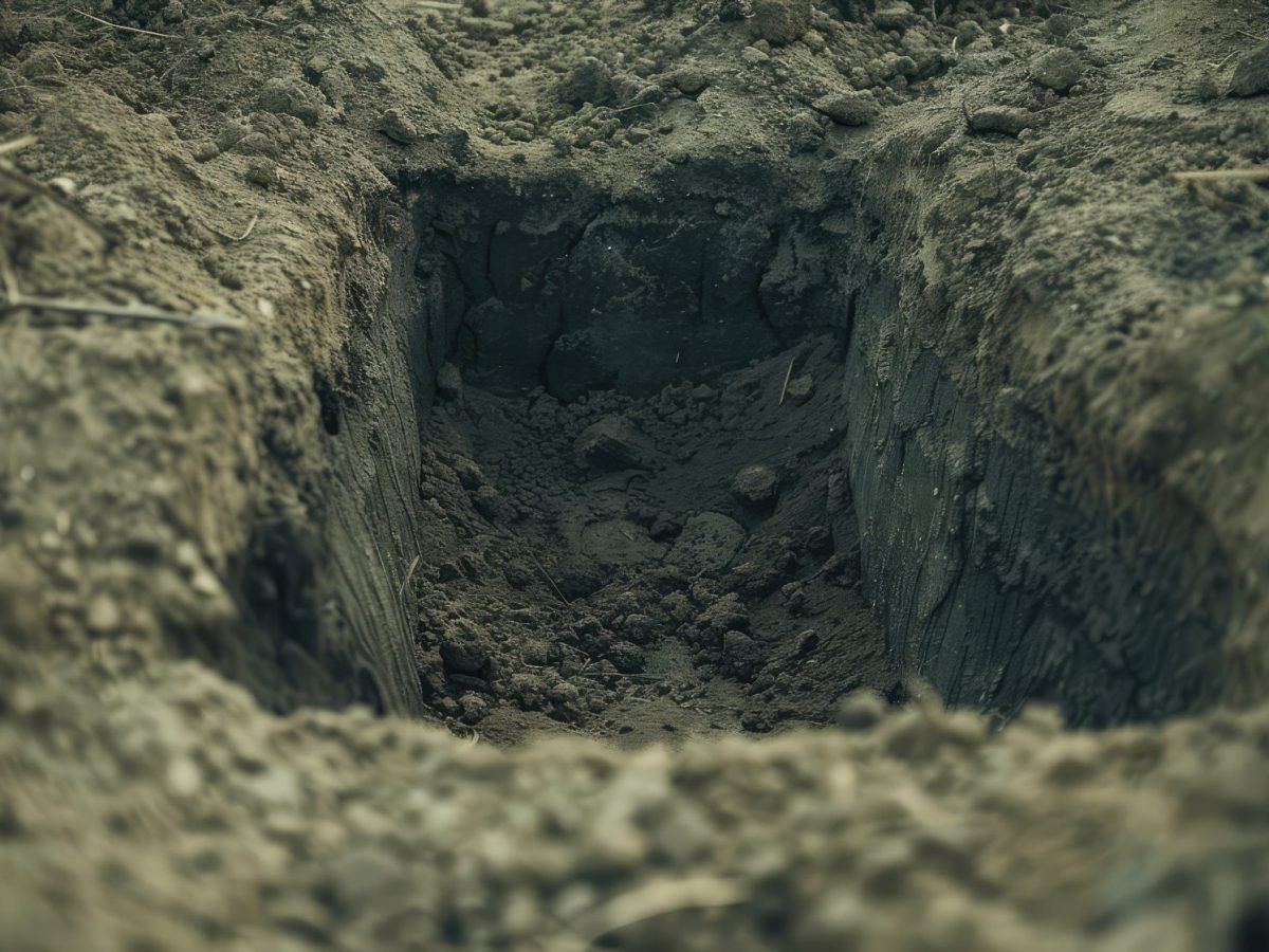 KI-generiertes Bild eines ausgehobenen leeren Grabes in der Erde.