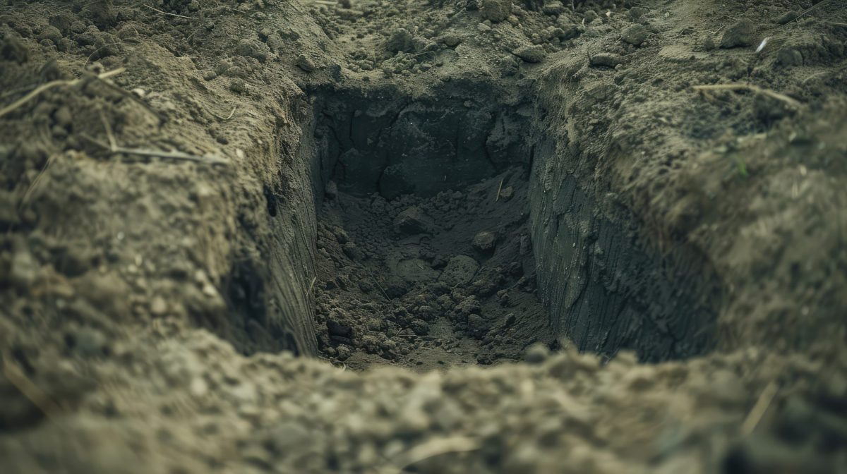 KI-generiertes Bild eines ausgehobenen leeren Grabes in der Erde.