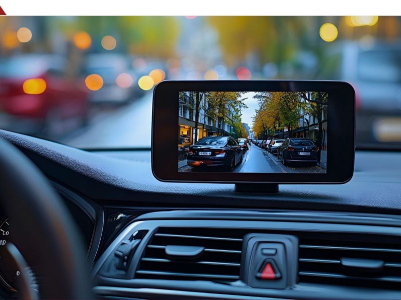KI-generiertes Bild eines Monitors einer Rückfahrkamera auf einem Armaturenbrett eines Autos.