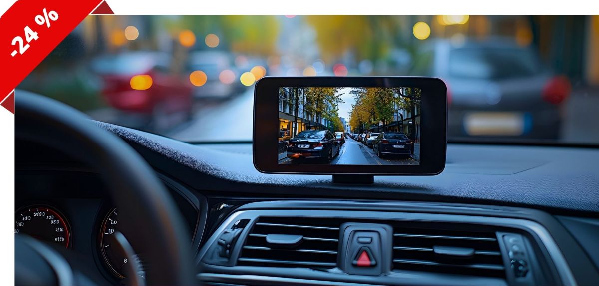 KI-generiertes Bild eines Monitors einer RÃ¼ckfahrkamera auf einem Armaturenbrett eines Autos.
