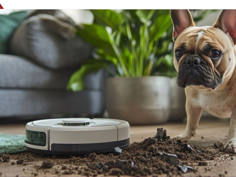 Saugroboter reinigt Boden und wird dabei von einem Hund beobachtet. (KI-Bild)