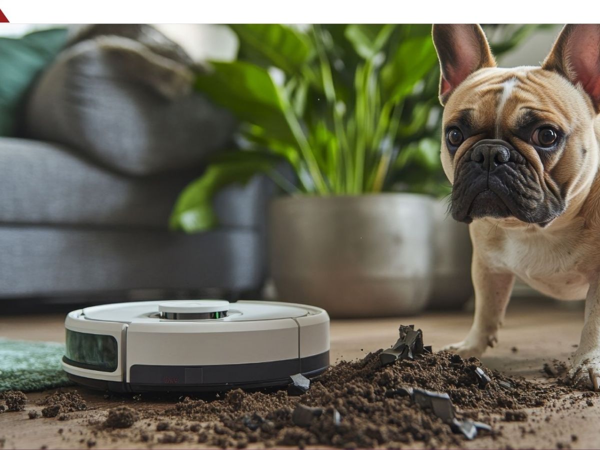 Saugroboter reinigt Boden und wird dabei von einem Hund beobachtet. (KI-Bild)