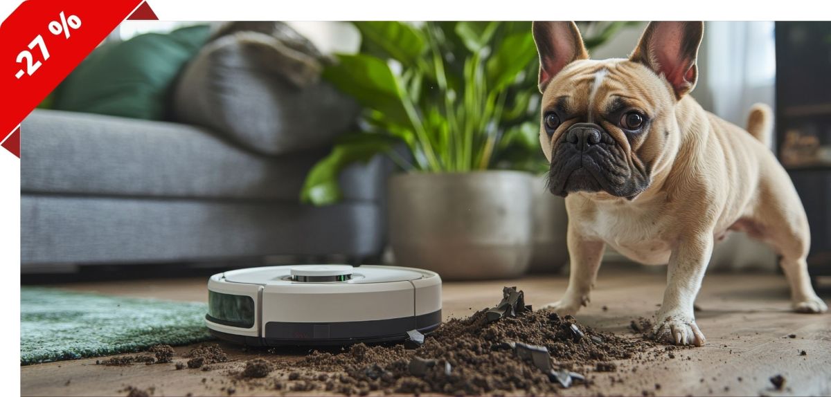 Saugroboter reinigt Boden und wird dabei von einem Hund beobachtet. (KI-Bild)