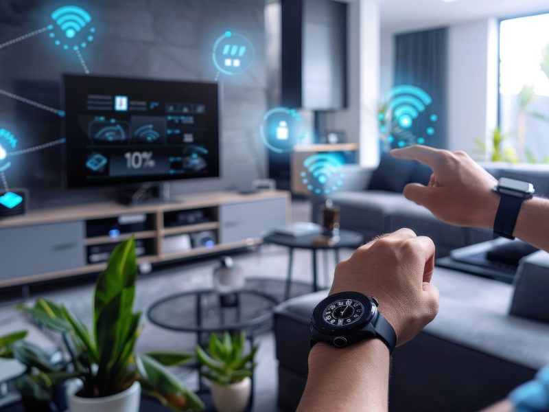 KI-generiertes Bild einer Person, die verschiedene SmartHome-Geräte mit einer Smartwatch steuert.