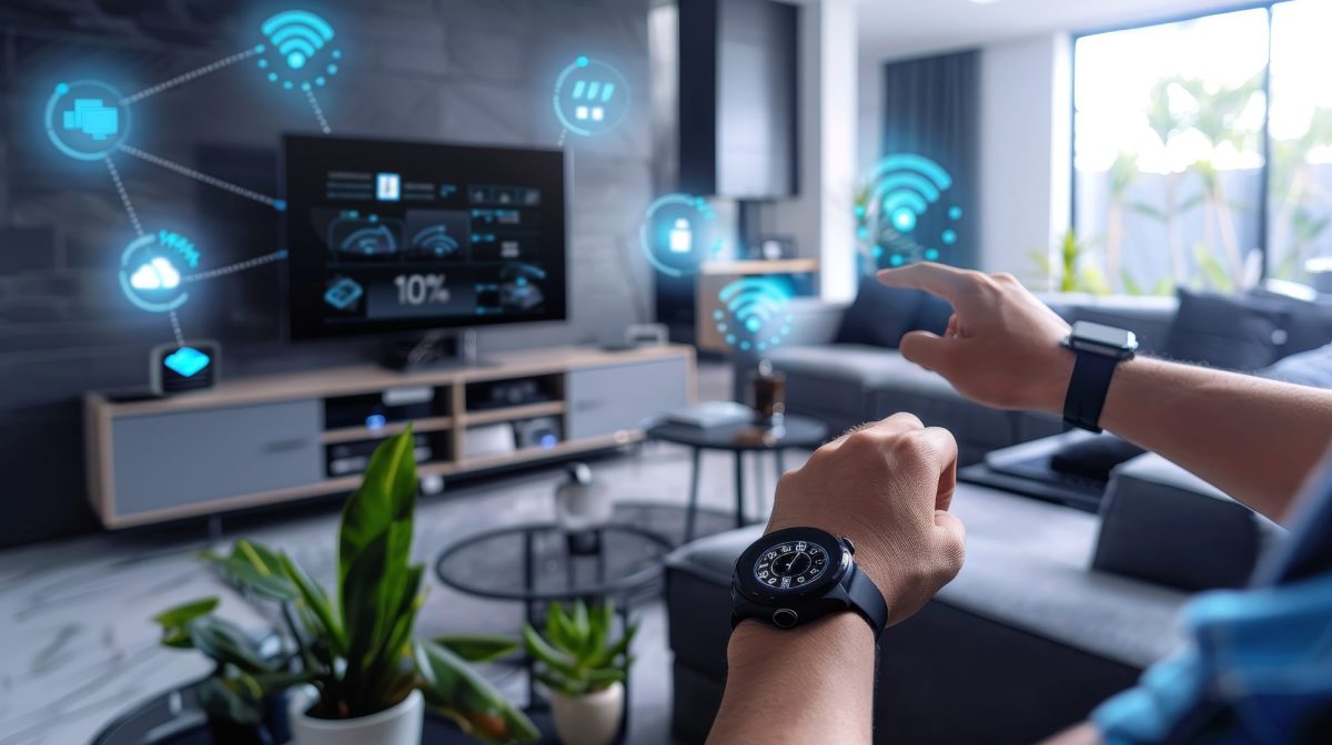 KI-generiertes Bild einer Person, die verschiedene SmartHome-Geräte mit einer Smartwatch steuert.