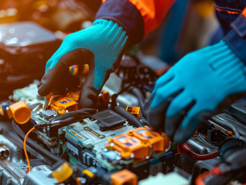 Person arbeitet an einem Elektroauto