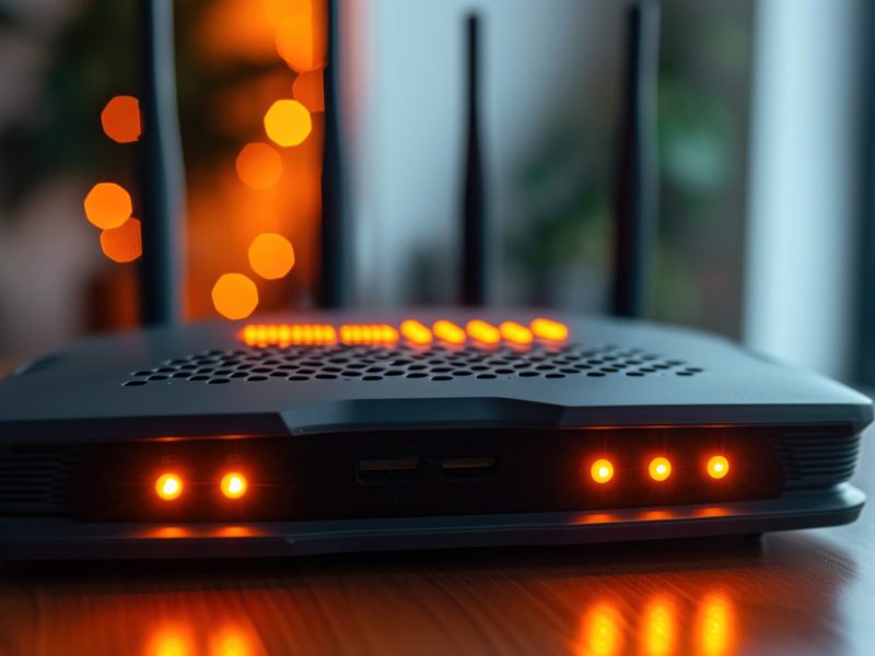 WLAN-Router, an dem rote Lichter leuchten, steht auf einem Tisch (KI-generiertes Symbolbild).