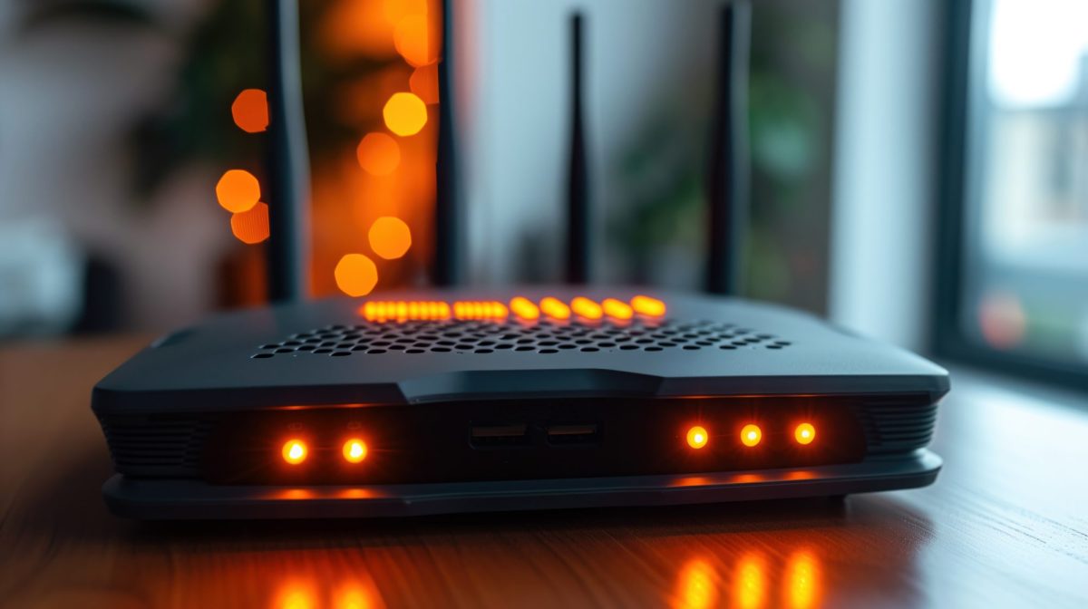 WLAN-Router, an dem rote Lichter leuchten, steht auf einem Tisch (KI-generiertes Symbolbild).