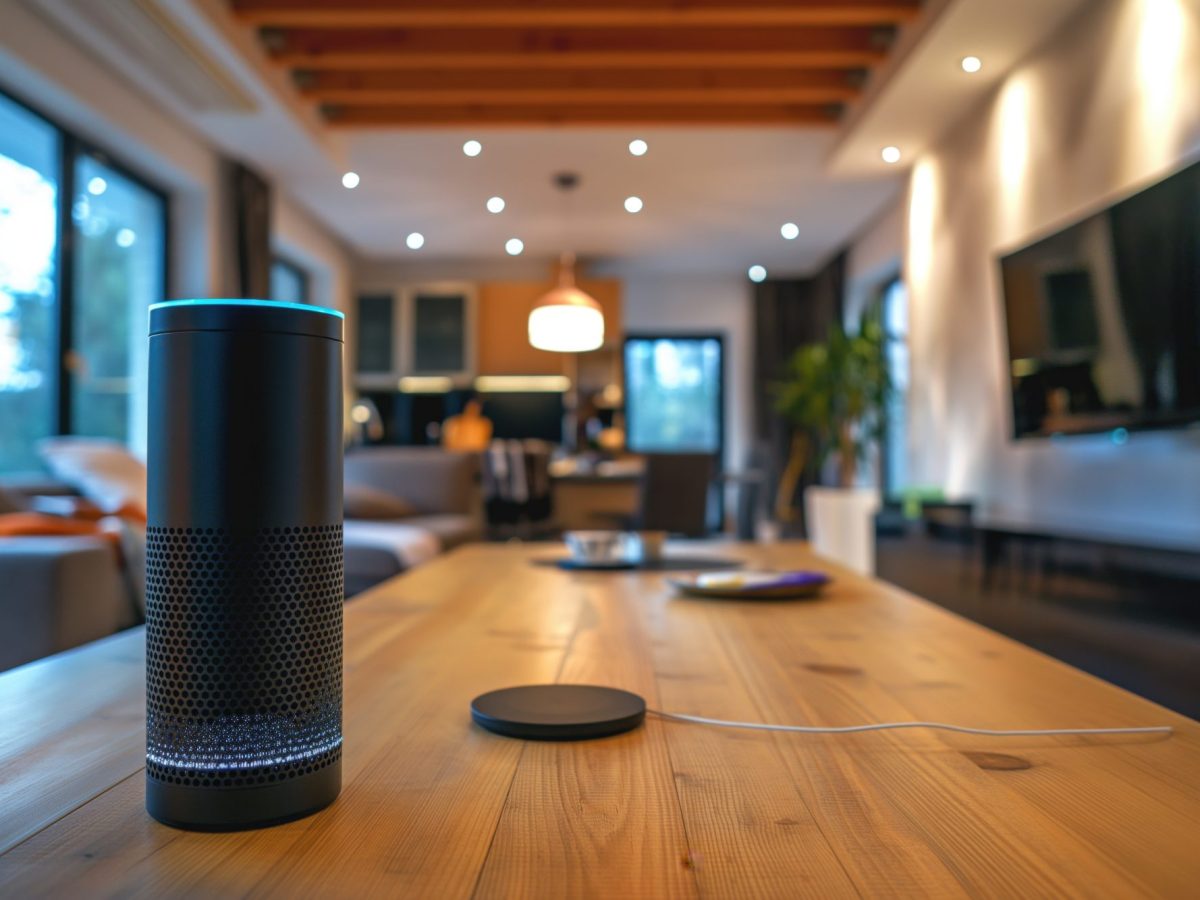 Alexa Amazon Echo Smart Speaker mit Glühbirnen im Hintergrund.