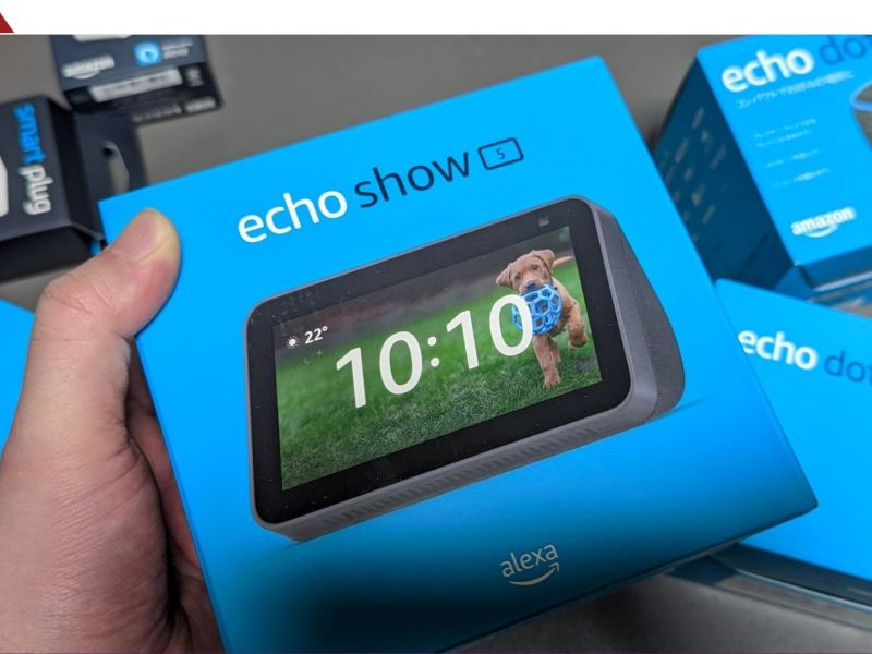 Eine Person hält die Verpackung eines Amzon Echo Show 5 in der Hand.