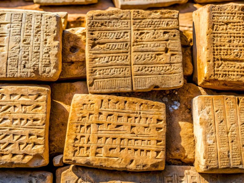 Antike Tafeln mit verblasster Keilschrift in archäologischer Ausgrabungsstätte gefunden (KI-generiert)