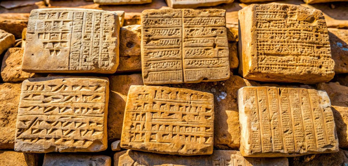Antike Tafeln mit verblasster Keilschrift in archäologischer Ausgrabungsstätte gefunden (KI-generiert)