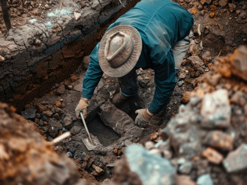 KI-generiertes Bild eines Archäologen bei einer Ausgrabung.