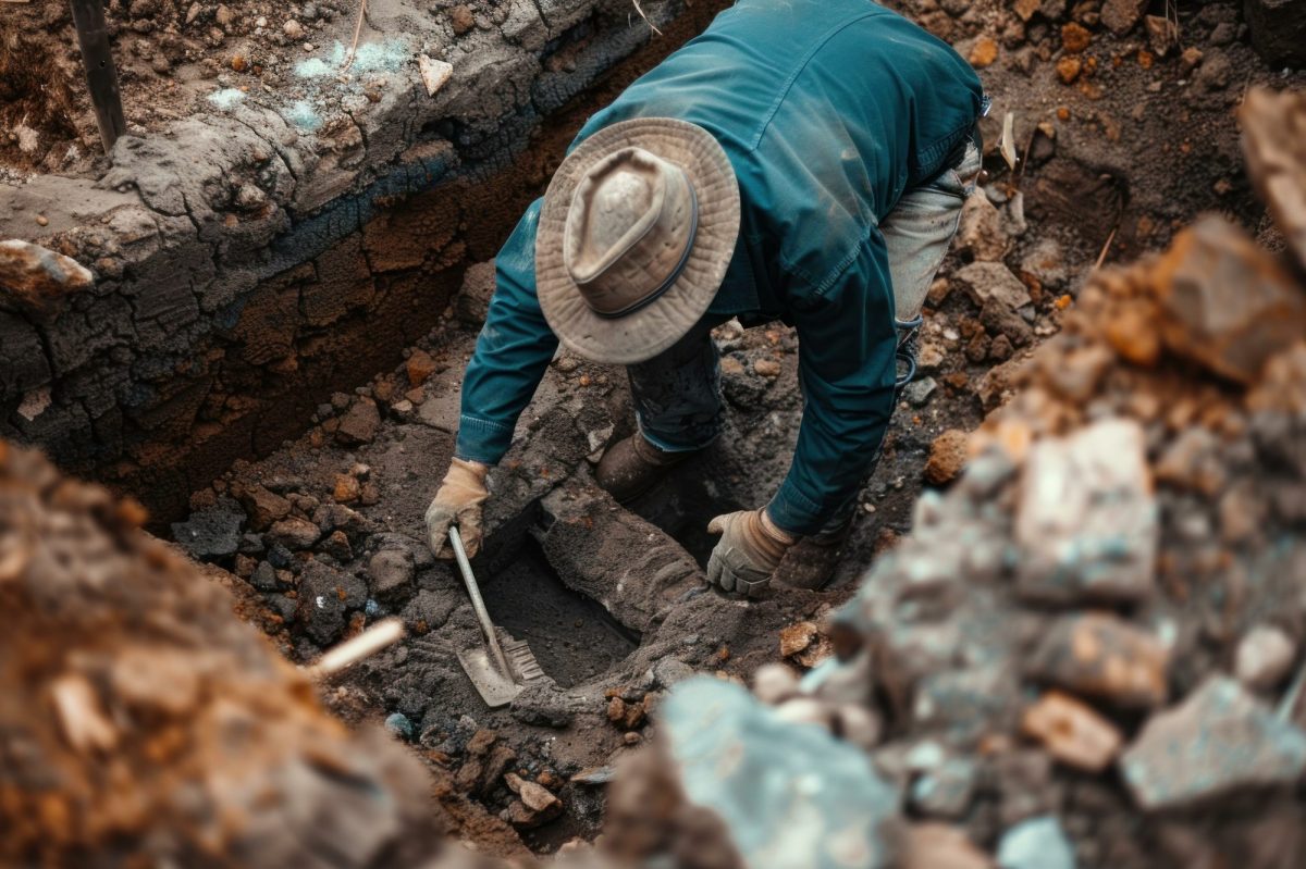 KI-generiertes Bild eines Archäologen bei einer Ausgrabung.