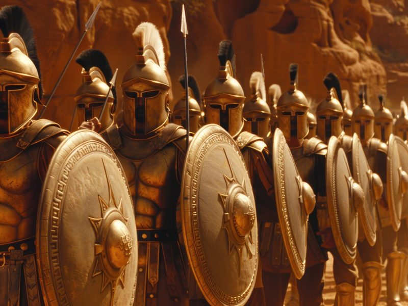 KI-generiertes Bild von antiken griechischen Soldaten mit Schild und Speer.
