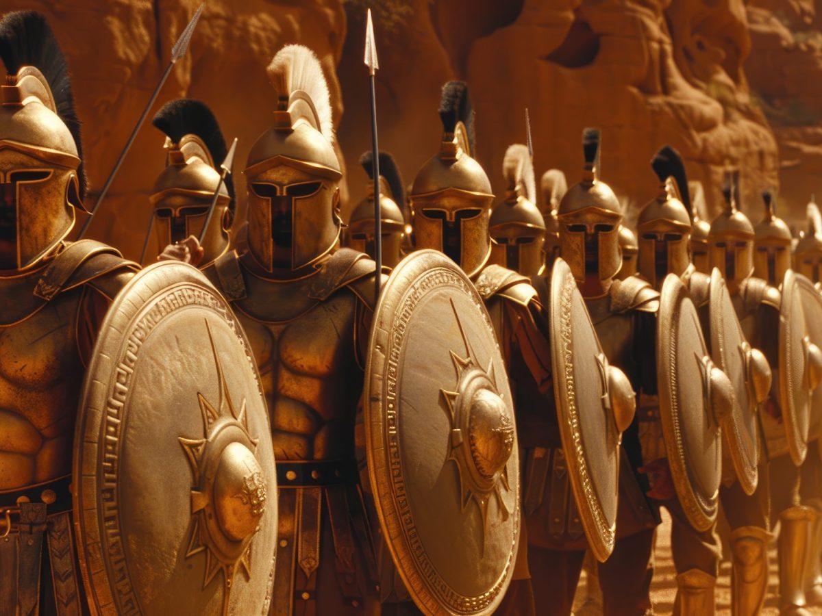 KI-generiertes Bild von antiken griechischen Soldaten mit Schild und Speer.