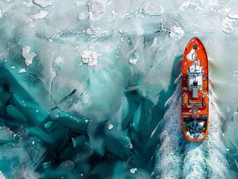 KI-generiertes Bild eines Schiffes, welches auf Wasser mit zahlreichen Eisschollen fährt.