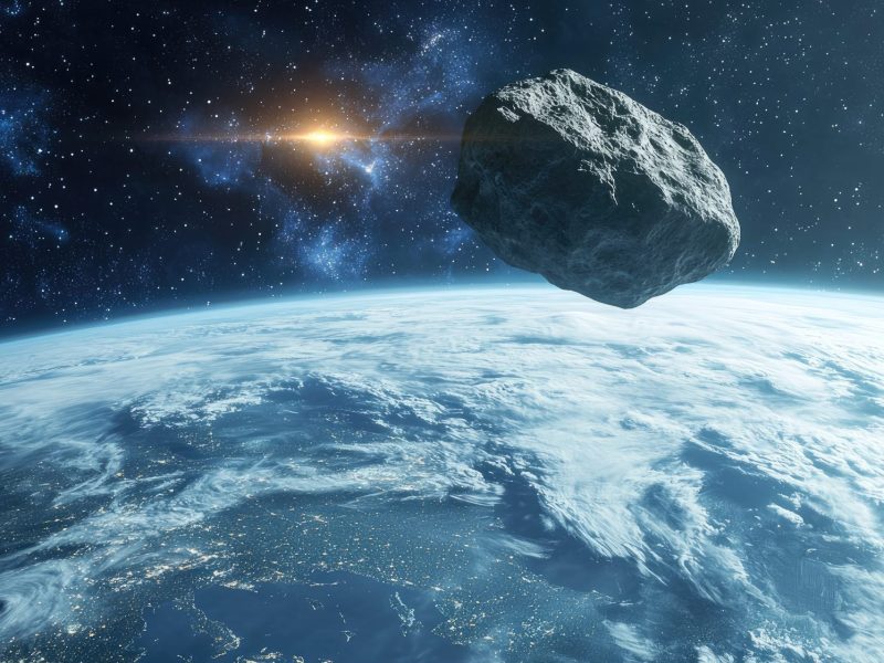KI-generiertes Bild eines Asteroiden über einem Planeten.