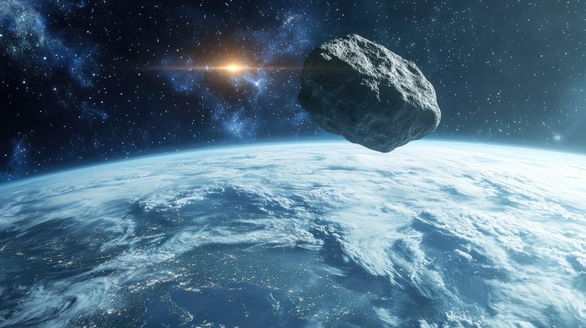 KI-generiertes Bild eines Asteroiden über einem Planeten.