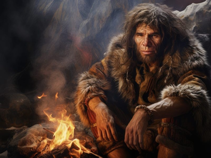 KI-generiertes Bild eines Neandertalers in einer Höhle neben einem Feuer.