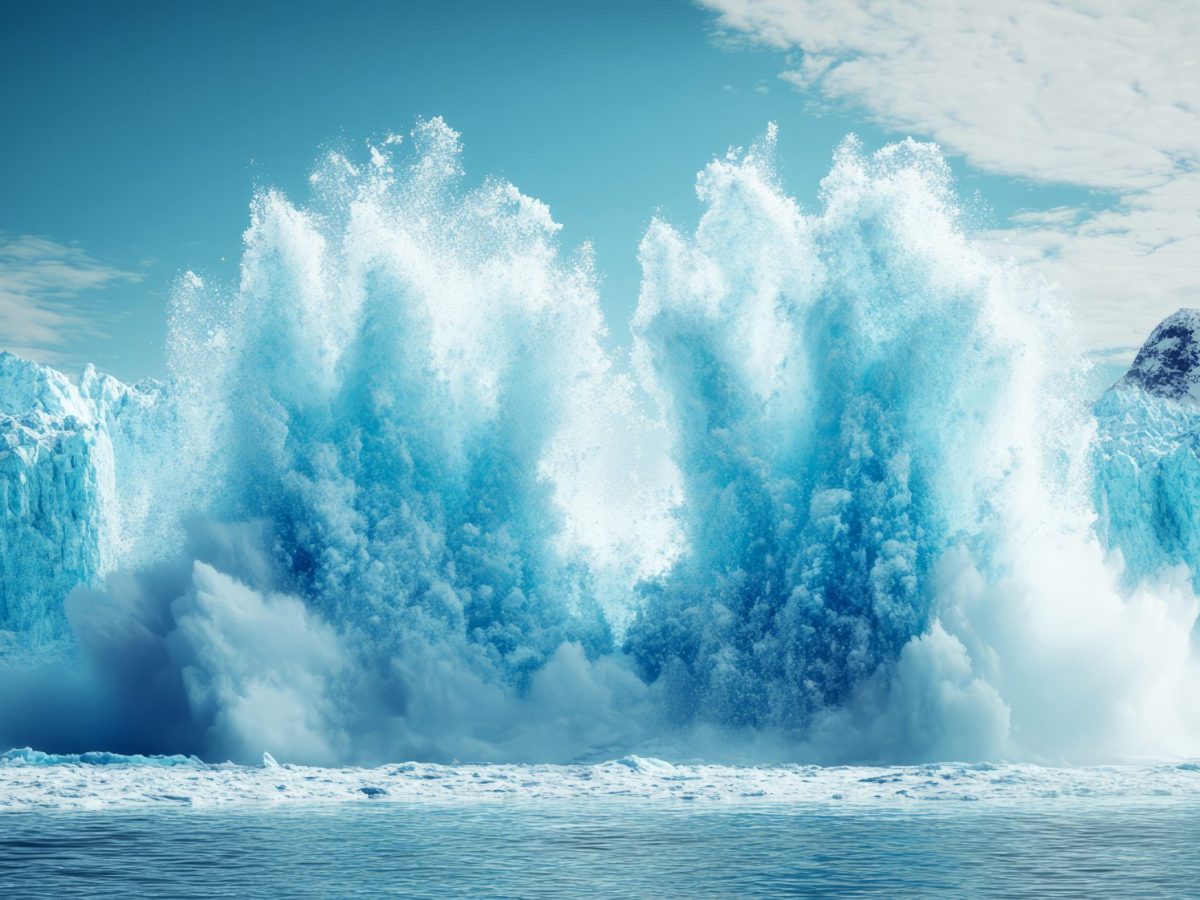 KI-generiertes Bild eines Gletschers, der im Meer versinkt und dabei eine riesige Welle auslöst.