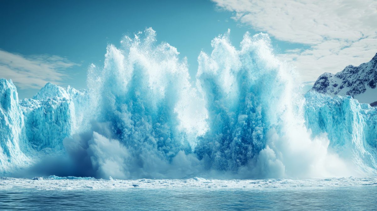 KI-generiertes Bild eines Gletschers, der im Meer versinkt und dabei eine riesige Welle auslöst.