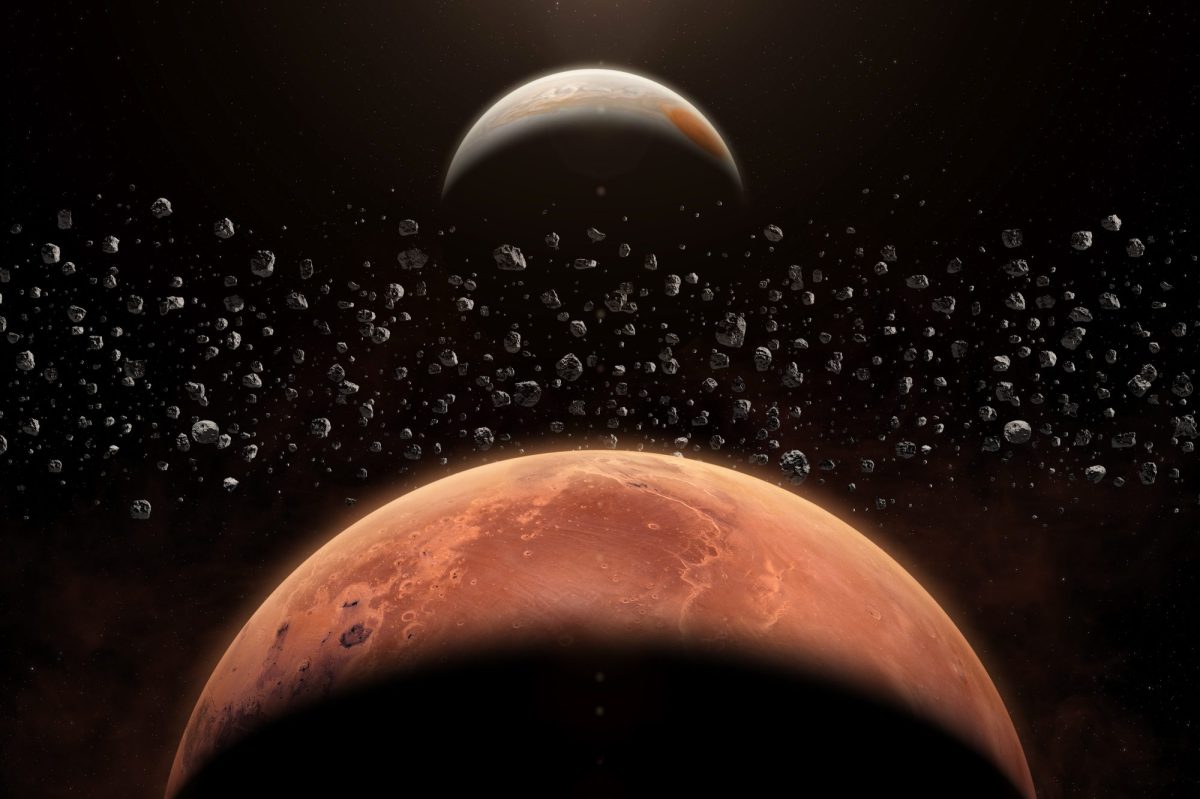 KI-generiertes Bild des Asteroidengürtels zwischen Mars und Jupiter.