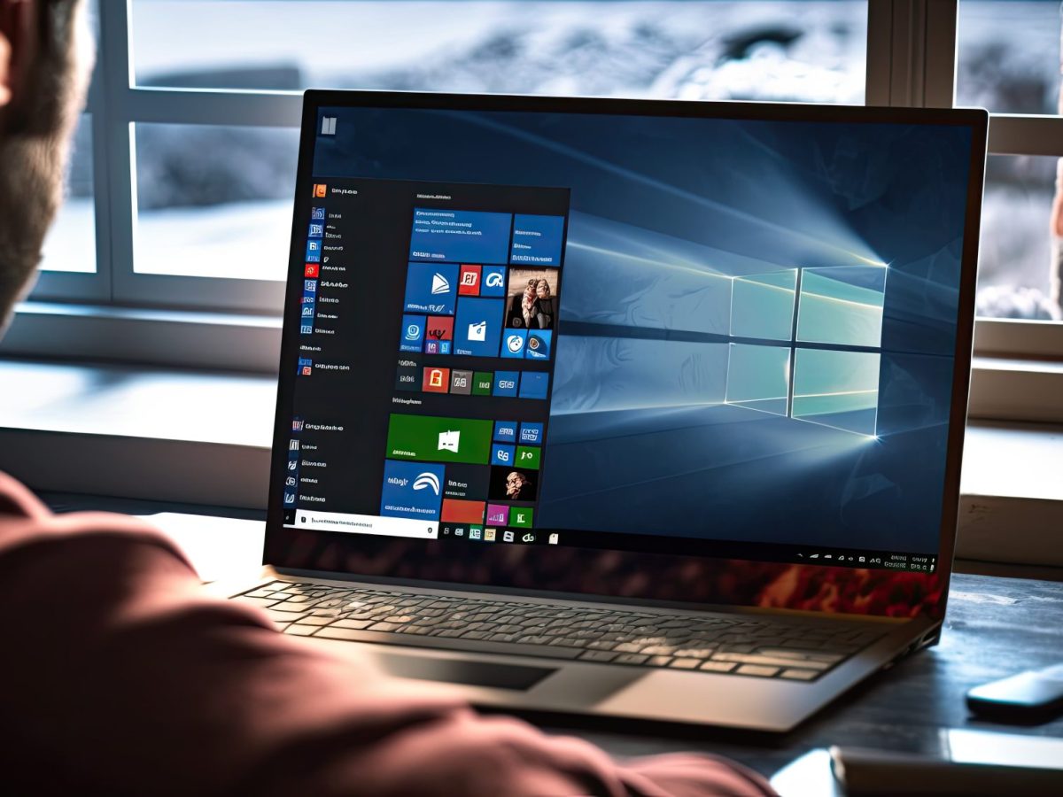 KI-generiertes Bild einer Person, die vor einem Laptop sitzt, auf dem das Windows-Logo und verschiedene Programme angezeigt werden.