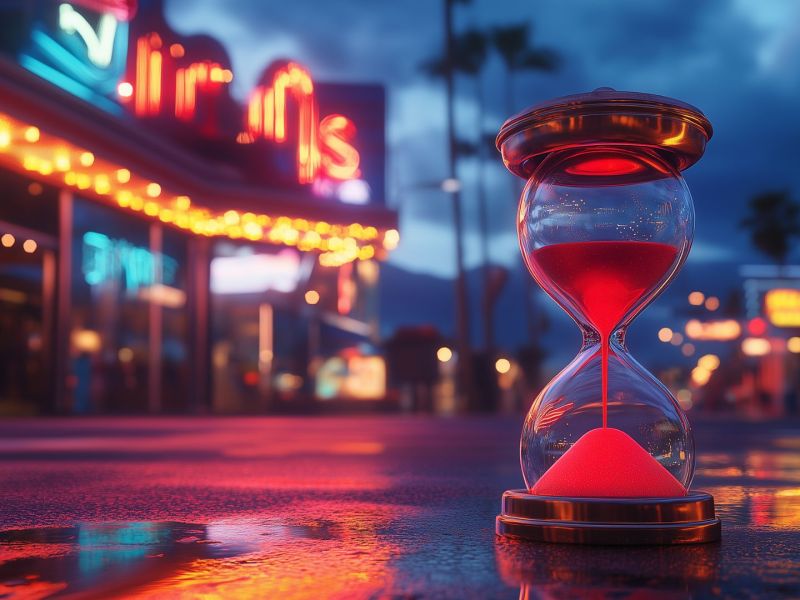 Eine Sanduhr steht auf einer verregneten Straße.