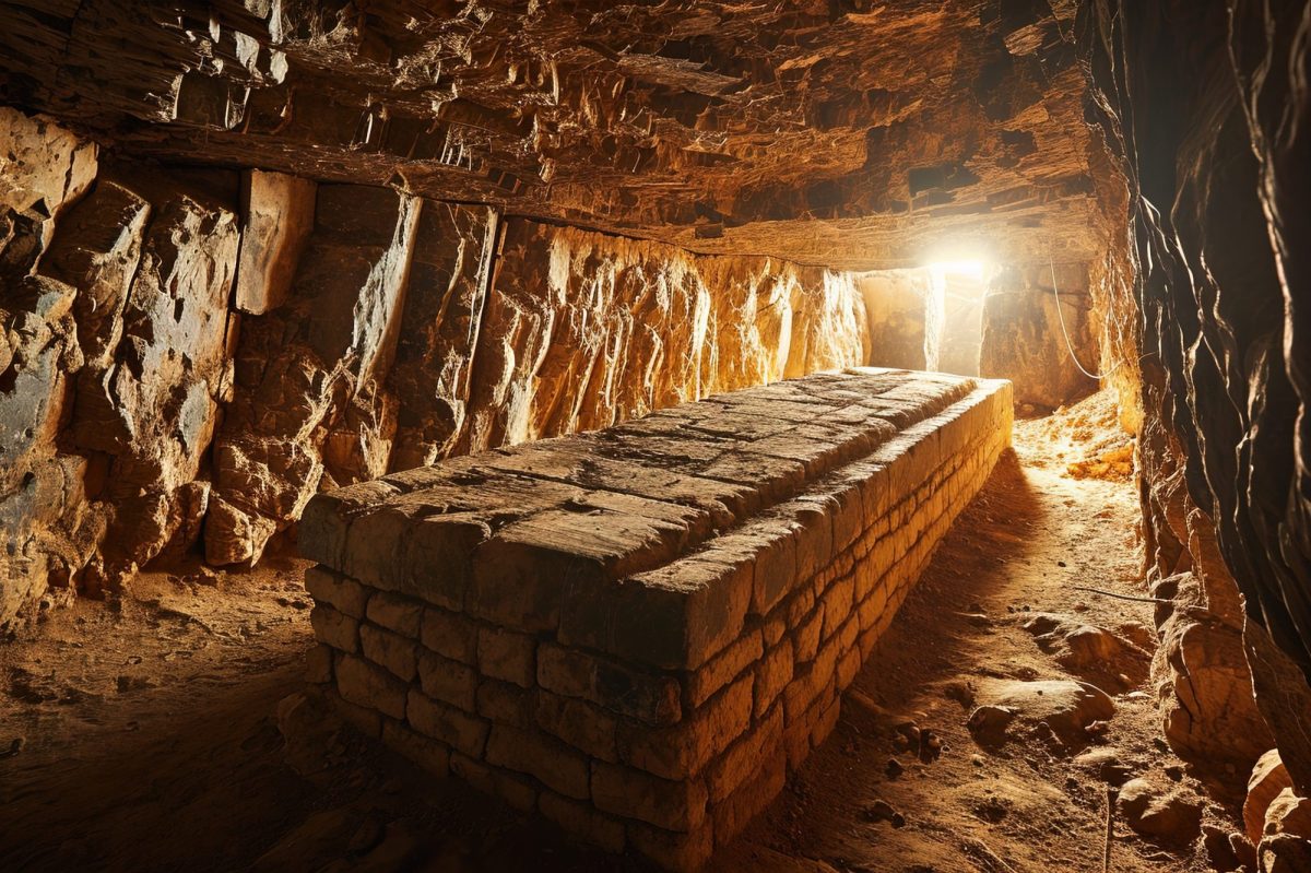 KI-generiertes Bild eines Steinsargs in einer Höhle.