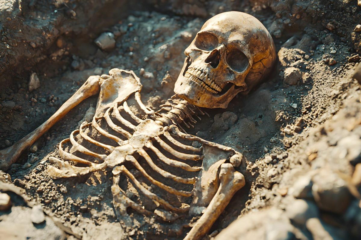 Skelett im Boden als archäologischer Fund (KI-generiert)