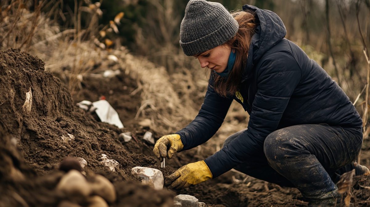 Frau arbeitet an einem archäologischen Fund (KI-generiert).