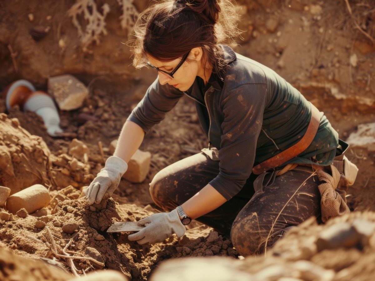 Frau gräbt einen archäologischen Fund aus. (KI-Bild)