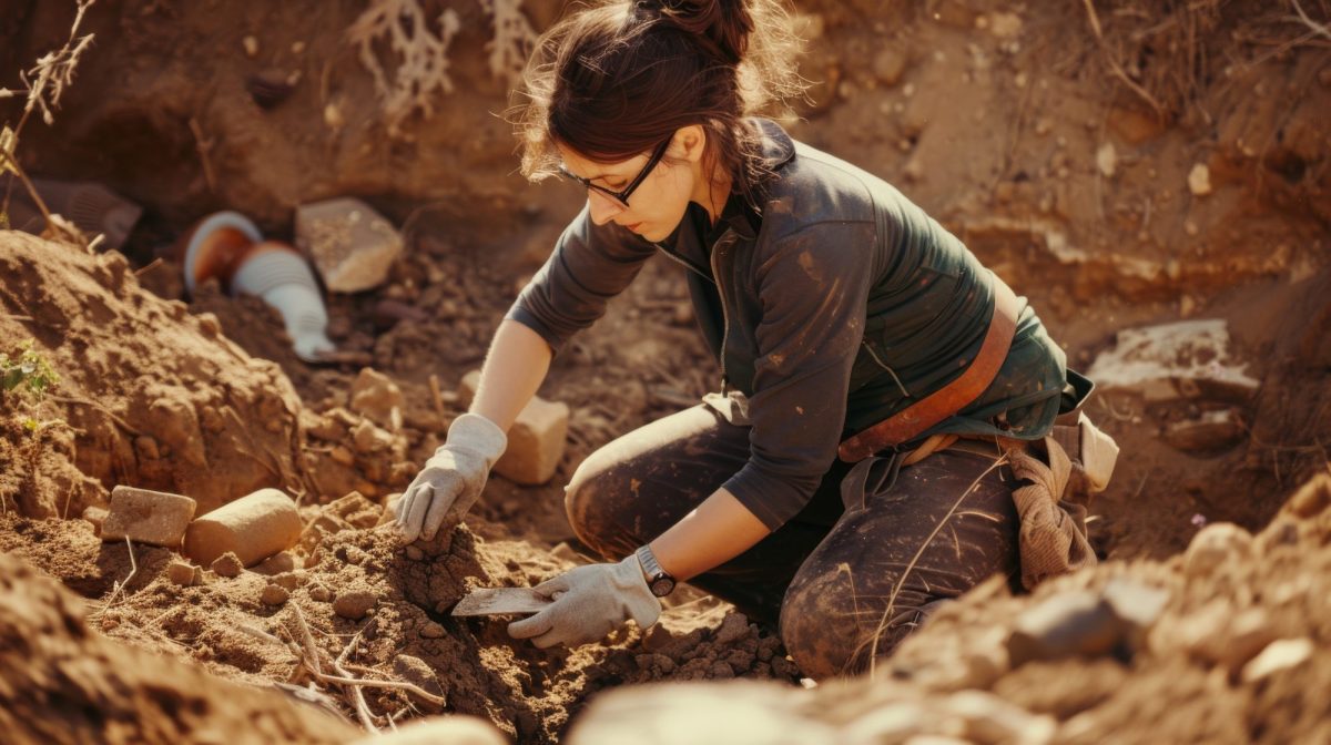 Frau gräbt einen archäologischen Fund aus. (KI-Bild)