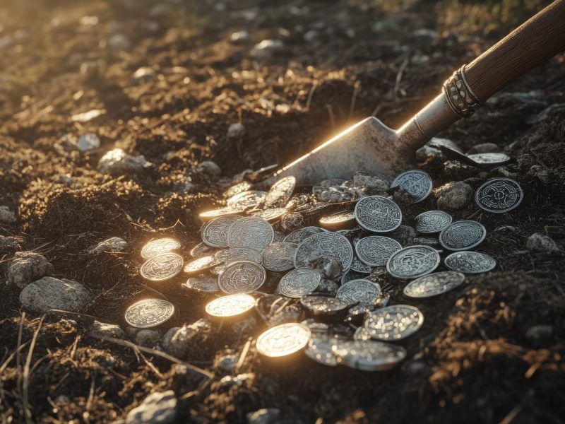 Ein archäologischer Fund aus Münzen wird ausgegraben (KI-Bild).
