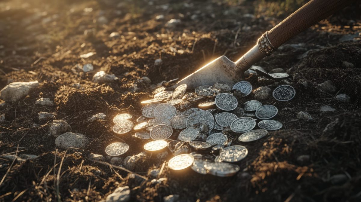 Ein archäologischer Fund aus Münzen wird ausgegraben (KI-Bild).