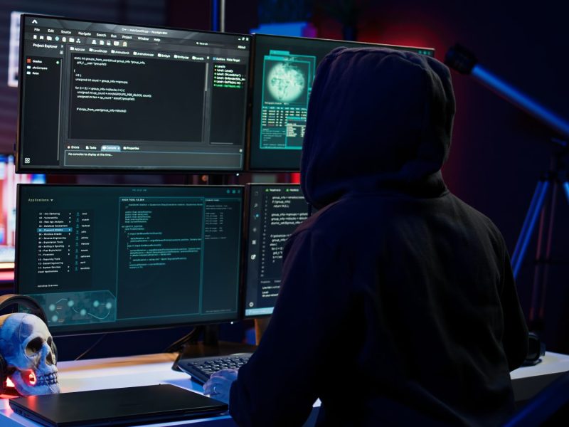 Person mit Kapuze sitzt im Dunkeln vor mehreren Computer-Bildschirmen.