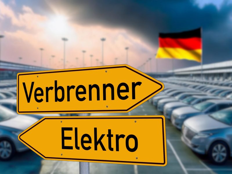 Zwei Verkehrsschilder, die in unterschiedliche Richtungen deuten. Auf einem Steht Verbrenner, auf dem anderen Elektro. Im Hintergrund stehen geparkte Autos.