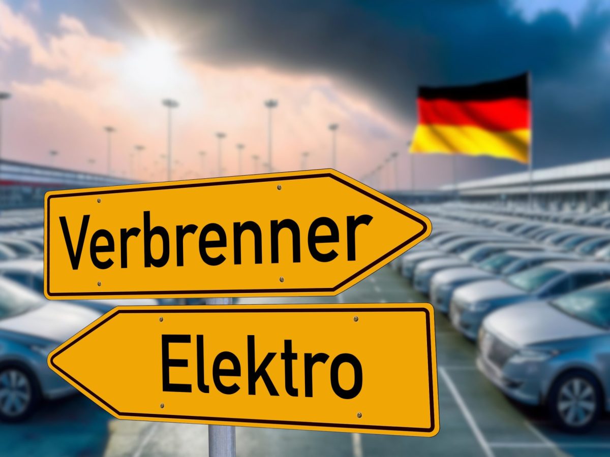Zwei Verkehrsschilder, die in unterschiedliche Richtungen deuten. Auf einem Steht Verbrenner, auf dem anderen Elektro. Im Hintergrund stehen geparkte Autos.