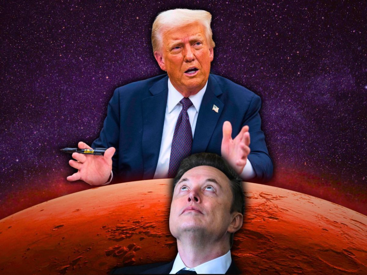 Bildmontage mit dem Planeten Mars, Donald Trump und Elon Musk