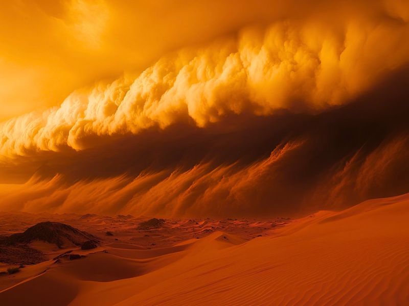 Eine dramatische Landschaft mit orangefarbenen Sanddünen und einer riesigen Gewitterwolke am Horizont