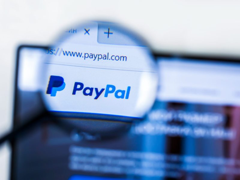 Lupe vergrößert das PayPal-Logo auf einem Computerbildschirm.