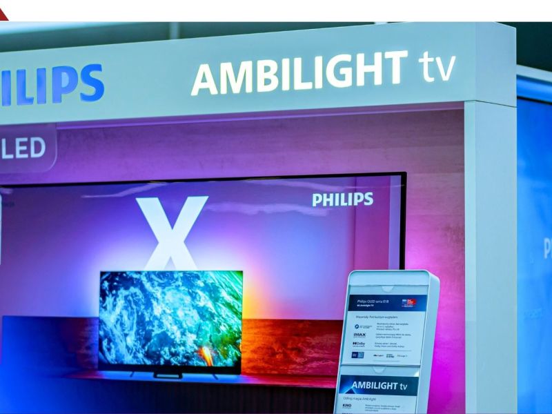 Philips Ambilight TV wird in einer Auslage präsentiert