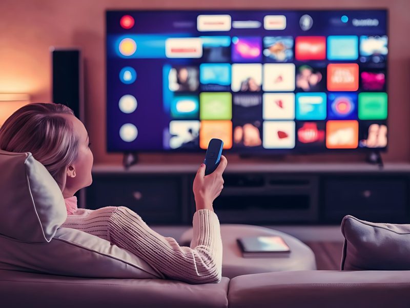 KI-generiertes Bild einer Frau, die vor einem Fernseher auf einem Sofa sitzt und eine Fernbedienung in der Hand hält.
