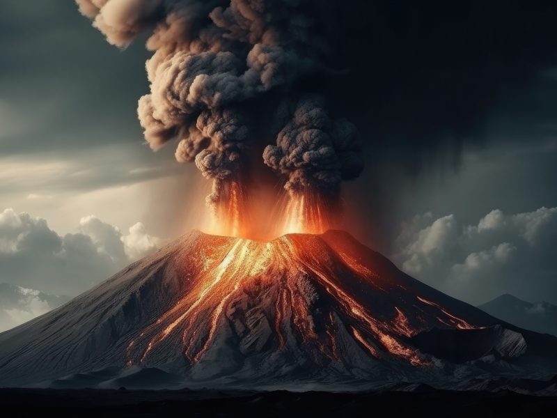 KI-generiertes Bild eines Vulkans, der Rauch und Lava ausstößt.
