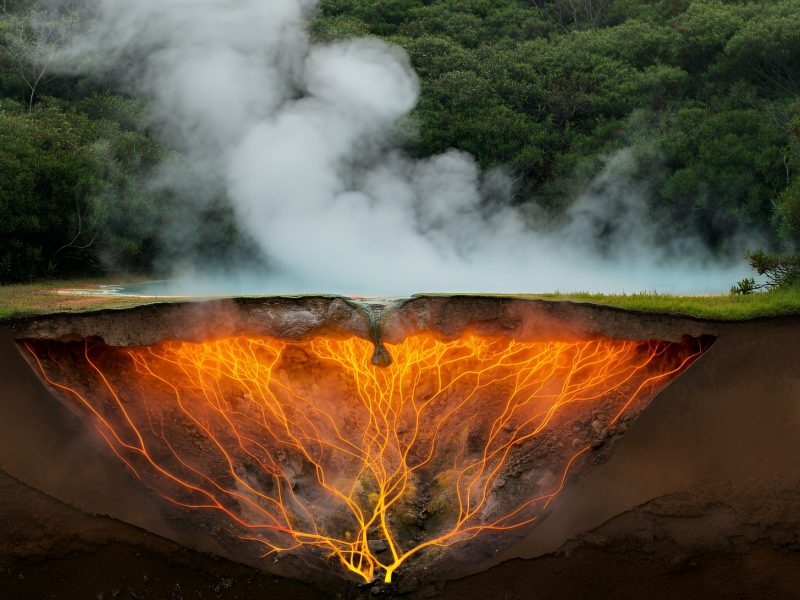 KI-generiertes Bild einer unterirdischen Magma-Kammer. Aus dieser dringt Rauch an die Oberfläche.