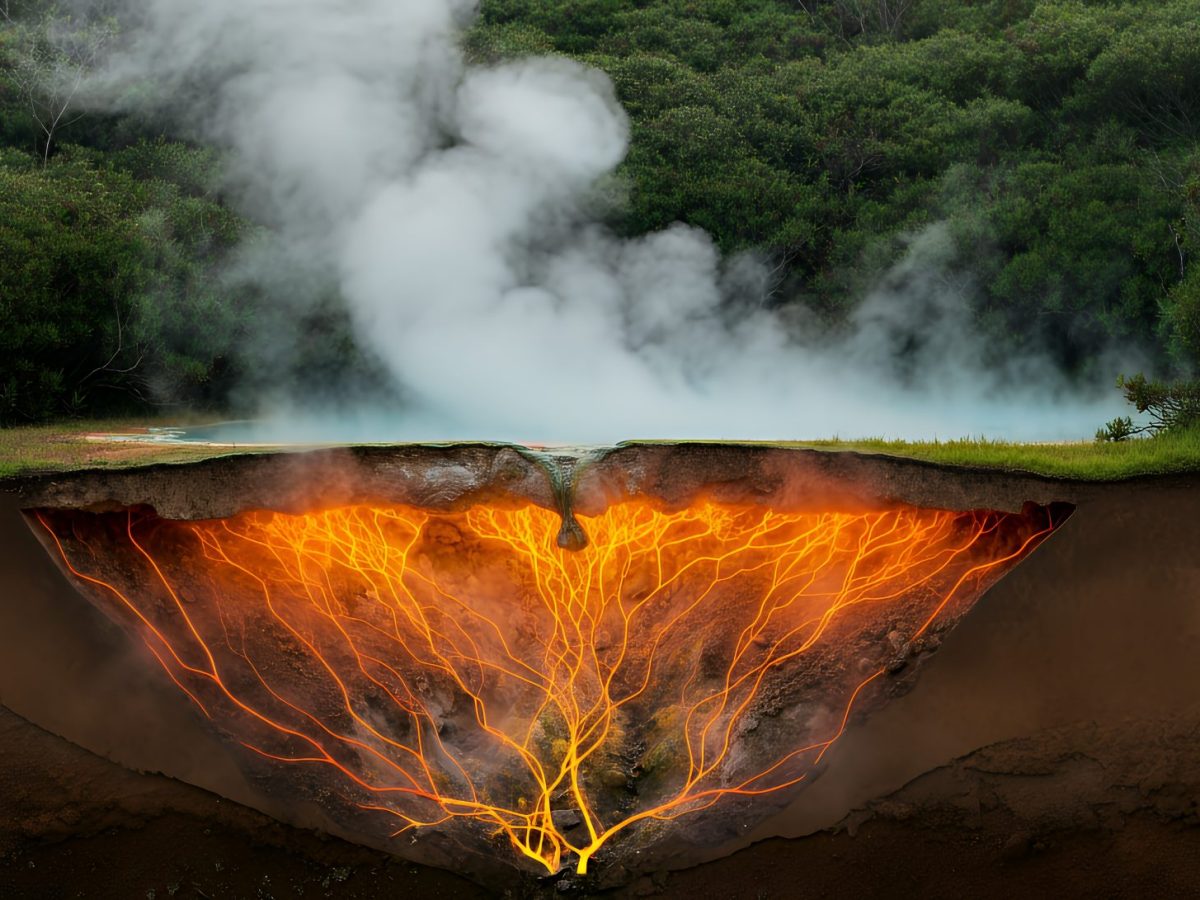 KI-generiertes Bild einer unterirdischen Magma-Kammer. Aus dieser dringt Rauch an die Oberfläche.